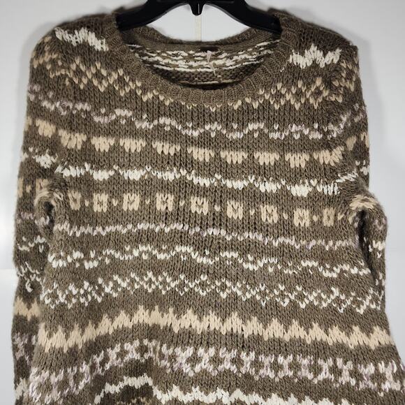 Free People Women Through the Storm Small Brown Knit Fair Isle Sweater Pullover - Picture 2 of 9